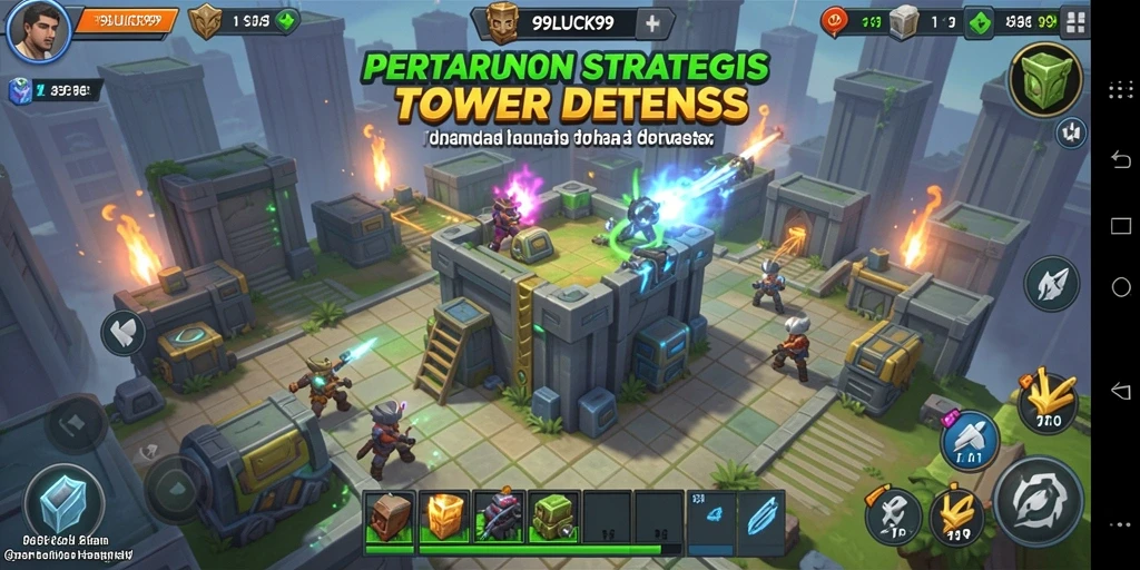 Screenshot gameplay 99LUCK99 menampilkan menara dan musuh dalam pertarungan seru.