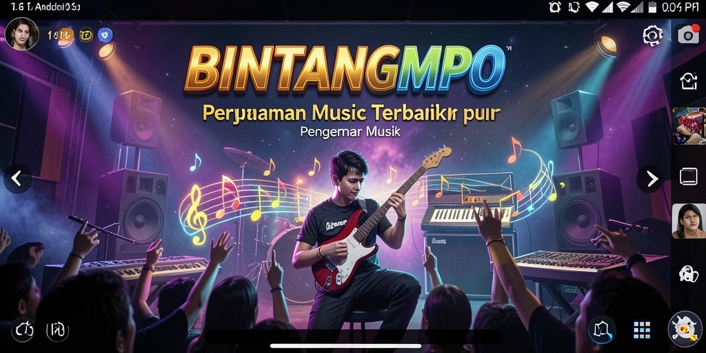 Tampilan gameplay BINTANGMPO dengan berbagai alat musik dan lagu.