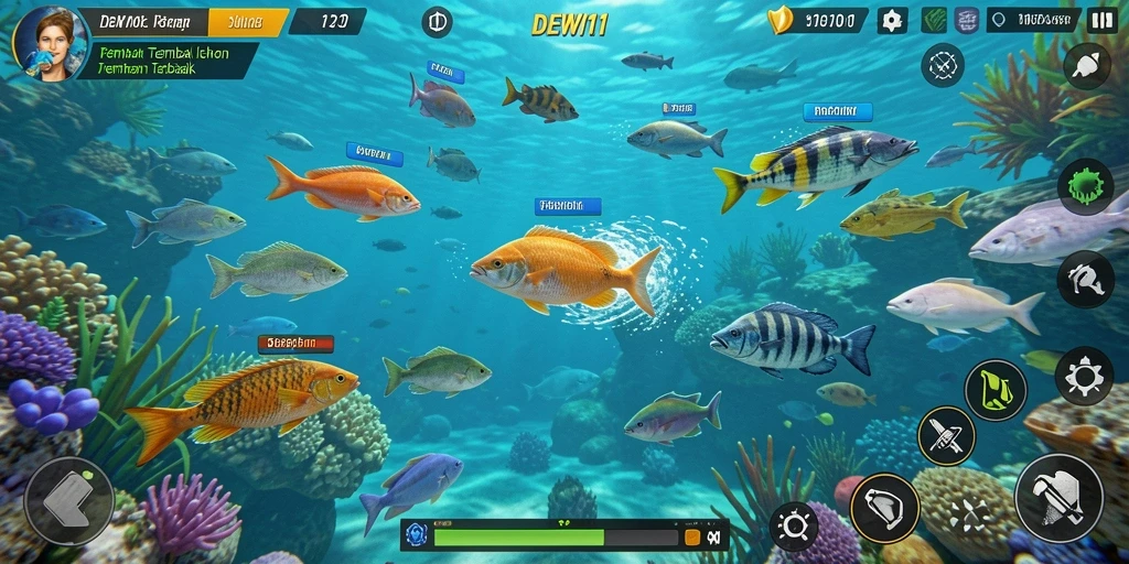 Tangkapan layar gameplay DEWI11 dengan aksi menembak ikan yang seru.