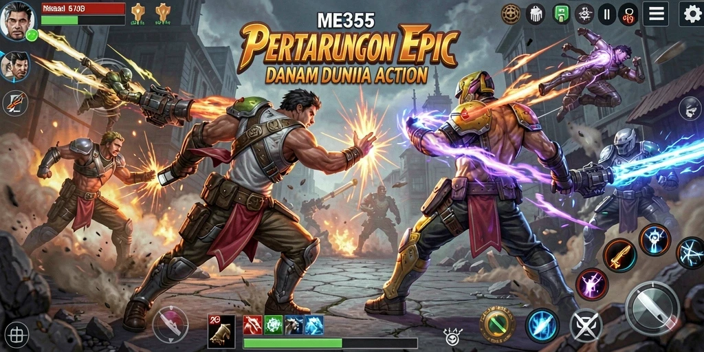 Screenshot utama menunjukkan pemain bertarung di arena dengan grafis memukau.