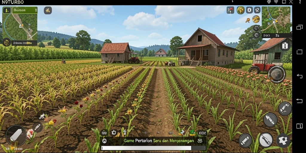 Tangkapan layar gameplay N9TURBO dengan petani yang sedang panen.
