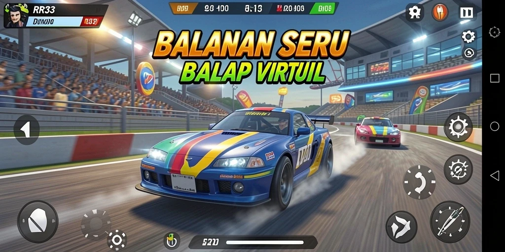 Screenshot gameplay balapan RR33 dengan mobil beraksi di trek.
