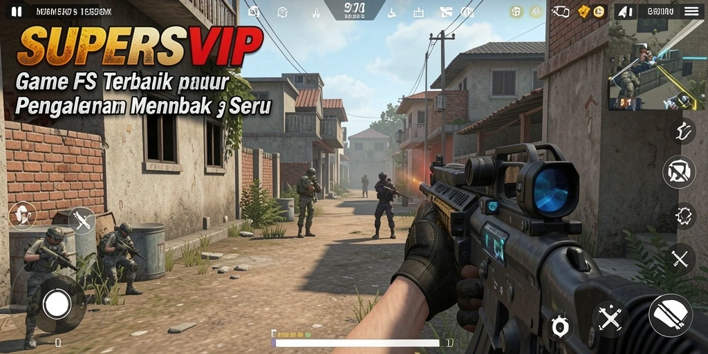 Screenshot gameplay SUPERSVIP yang menampilkan aksi menembak yang intens.